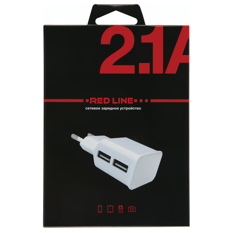Зарядное устройство сетевое (220 В) RED LINE NT-2A, кабель microUSB 1 м, 2 порта USB, выходной ток 2.1 А, белое
