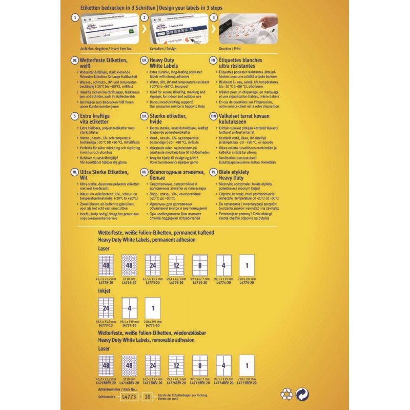 Этикетки всепогодные Avery Zweckform Z-L4775-20 (A4, 210×297мм, 20 листов, белые)