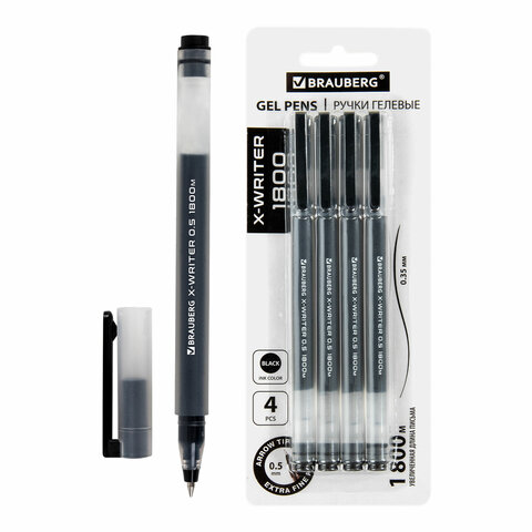 Ручки гелевые BRAUBERG X-WRITER 1800, УВЕЛИЧЕННАЯ ДЛИНА ПИСЬМА 1 800 м, ЧЕРНЫЕ, НАБОР 4 ШТУКИ, стандартный узел 0.5 мм