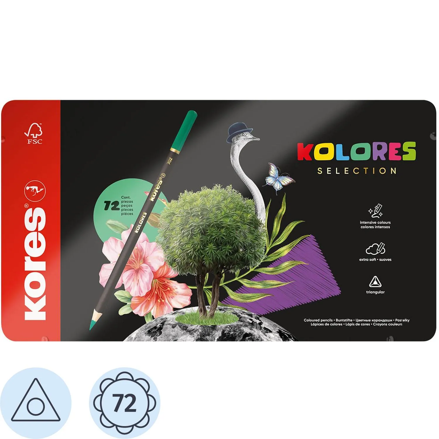 Карандаши цветные Kores Kolores 3-гран 3мм 72 цв/наб в металл. коробке 93372