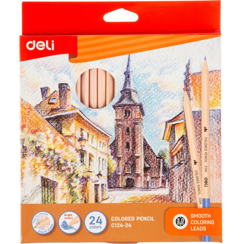 Карандаши цветные Deli 3.0 мм заточен., корп. дерев. 24цв/наб 24C CC124-24
