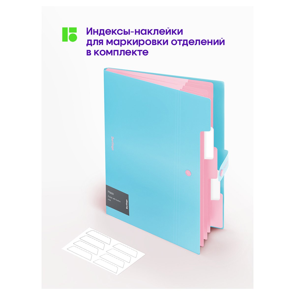Папка 5 отделений Berlingo «Haze», А4, 600мкм, на кнопке, голубая