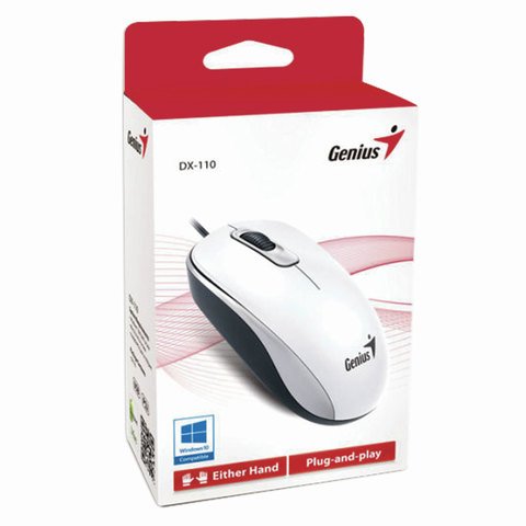 Мышь проводная GENIUS DX-110, USB, 2 кнопки + 1 колесо-кнопка, оптическая, белая