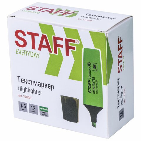 Текстовыделитель STAFF «EVERYDAY», ЗЕЛЕНЫЙ, скошенный наконечник, 1-5 мм, 151639