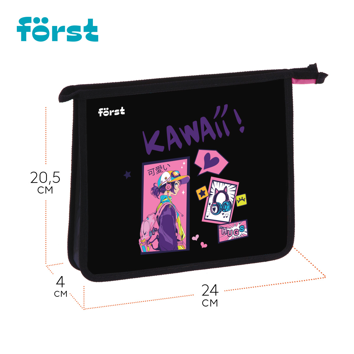 Папка для тетрадей 1 отделение, А5 Först «Kawaii», 240×205×40 мм, пластик, на молнии