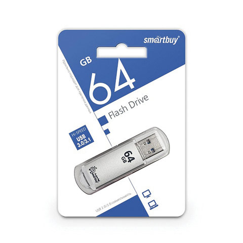 Флэш-диск 64 GB, SMARTBUY V-Cut, USB 3.0, металлический корпус, серебристый