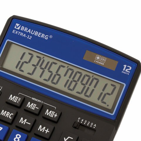 Калькулятор настольный BRAUBERG EXTRA-12-BKBU (206×155 мм), 12 разрядов, двойное питание, ЧЕРНО-СИНИЙ