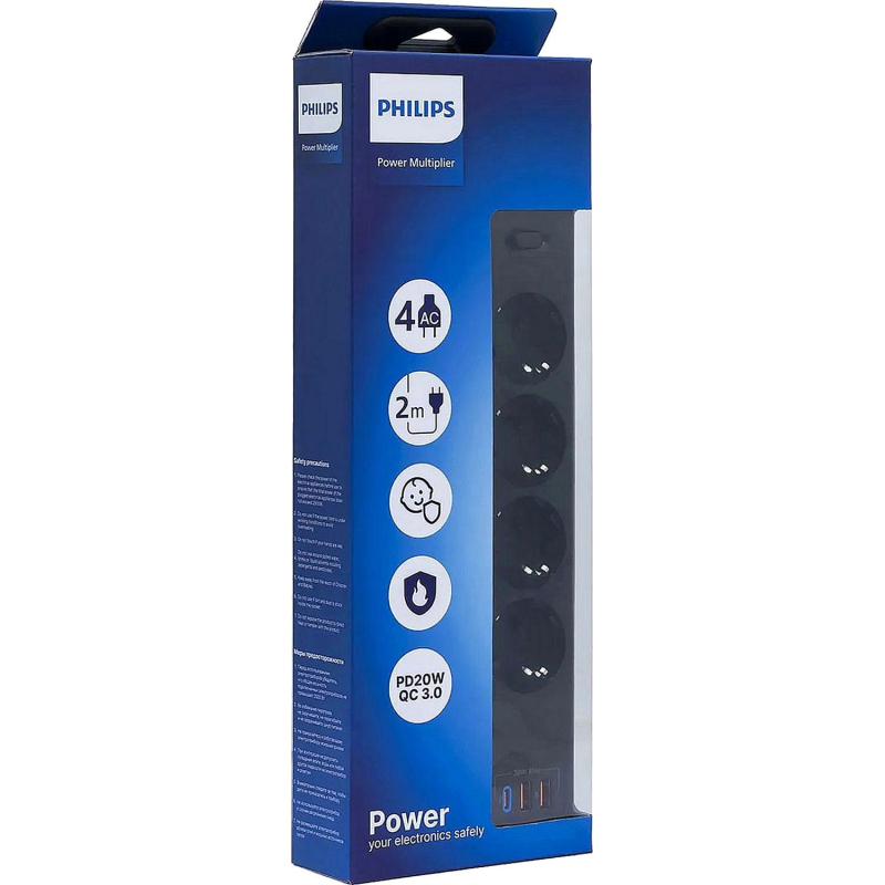 Сетевой фильтр Philips CHP4346BA/51 4р/2м с USB, 10А, черный