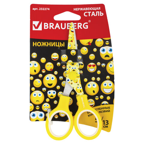 Ножницы BRAUBERG, 130 мм, с цветной печатью рожиц, жёлто-белые, в картонной упаковке с европодвесом