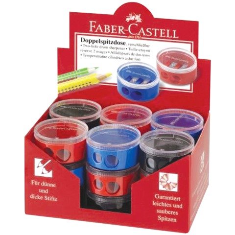 Точилка FABER-CASTELL, 2 отверстия, с контейнером, круглая, пластиковая, красная/синяя