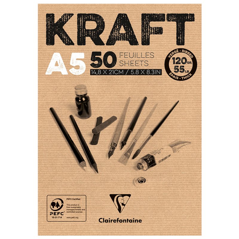 превью Блокнот для эскизов и зарисовок 50л. А5 на склейке Clairefontaine «Kraft», 120г/м2, верже, крафт