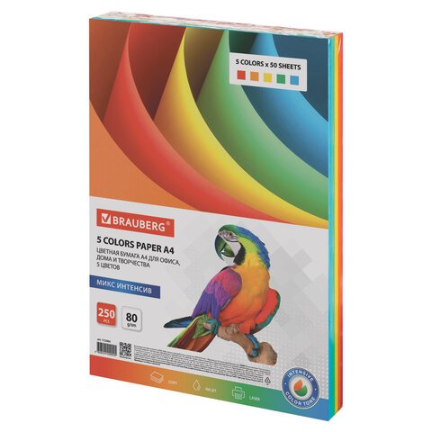 превью Бумага цветная BRAUBERGА480 г/м2250 л. (5 цветов х 50 л. )интенсивдля офисной техники112464