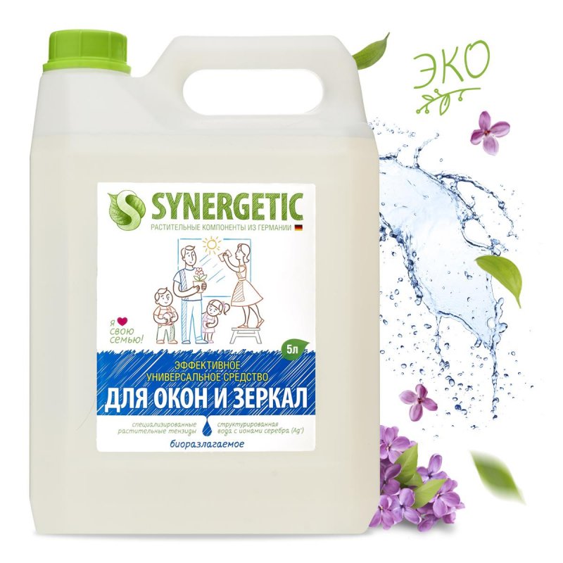Средство для мытья стекол и зеркал с антибактериальным эффектом 5 л SYNERGETIC, биоразлагаемое