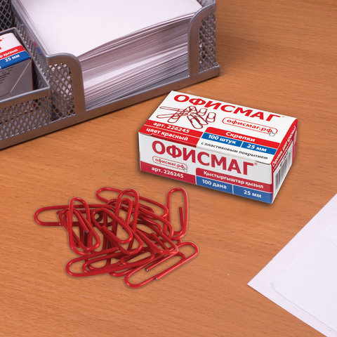 Скрепки ОФИСМАГ, 25 мм, красные, 100 шт., в картонной коробке