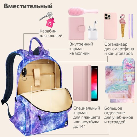Рюкзак BRAUBERG DREAM универсальный с карманом для ноутбука, эргономичный, «Galaxy», 42×26х14 см