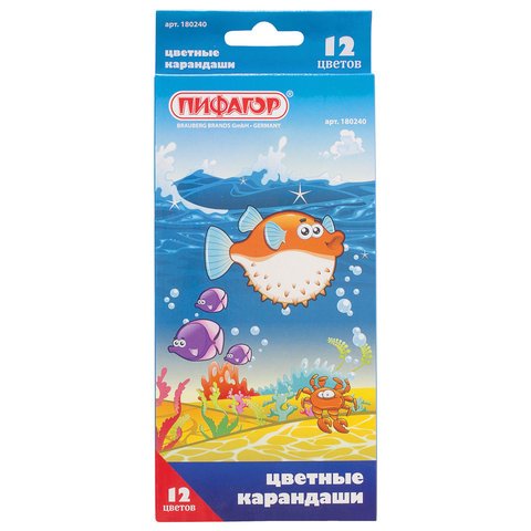 превью Карандаши цветные ПИФАГОР 12 цв., заточенные, карт. упак., дизайн