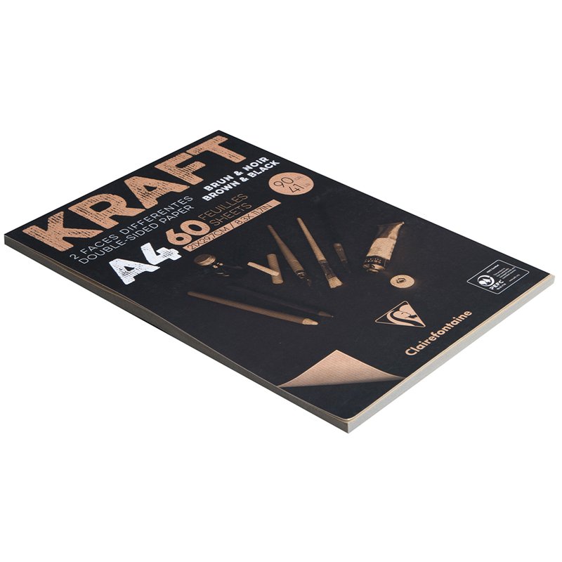 Блокнот для эскизов и зарисовок 60л. А4 на склейке Clairefontaine «Kraft», 90г/м2, верже, черный/крафт