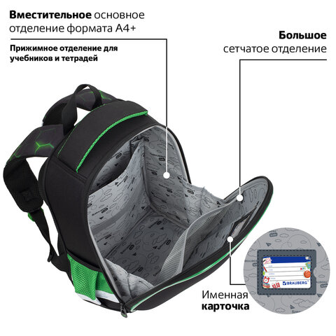 Ранец BRAUBERG KIDS START, 1 отделение, 2 кармана, «Green ball», 35×26х13 см