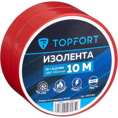 Изолента TOPFORT 15мм х 10м х 0.13мм красный