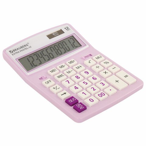 Калькулятор настольный BRAUBERG EXTRA PASTEL-12-PR (206×155 мм), 12 разрядов, двойное питание, СИРЕНЕВЫЙ