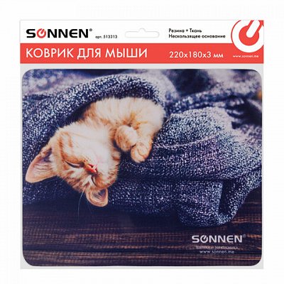Коврик для мыши SONNEN «KITTEN», резина + ткань, 220×180х3 мм