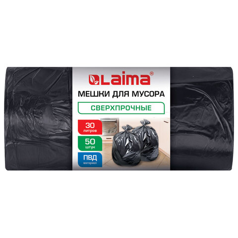 превью Мешки для мусора 30 лчерныев рулоне 50 штуксверхпрочныеПВД 30 мкм50×58 смLAIMA702650