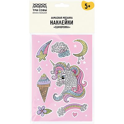 Алмазная мозаика, наклейки ТРИ СОВЫ «Единорожка», пакет с европодвесом