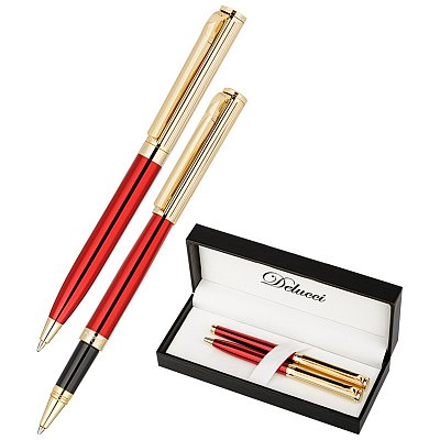 Набор Delucci «Rosso»: ручка шарик., 1мм и ручка-роллер, 0.6мм, синие, корпус вишн/зол., подар. уп. 