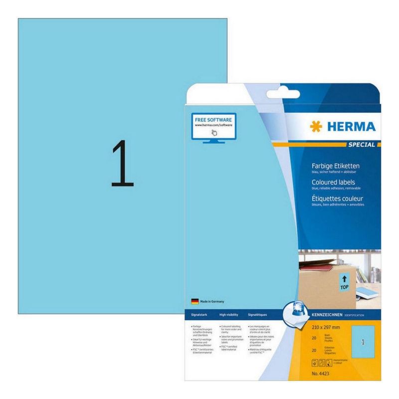 Этикетки самоклеящиеся HERMA 210×297мм голубые матов 1шт/л А4(20л/уп) 4423
