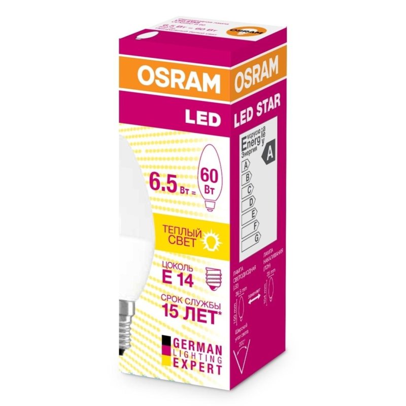 превью Лампа светодиодная Osram star classic, 6.5Вт, тип C «свеча», Е14, 3000К, теплый свет
