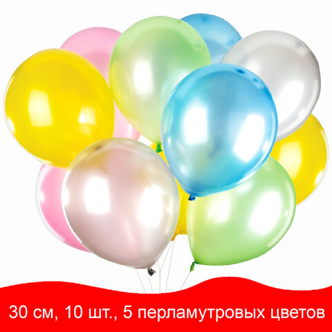 превью Шары воздушные ЗОЛОТАЯ СКАЗКА, 12" (30 см), КОМПЛЕКТ 10 штук, перламутровые, ассорти 5 цветов, пакет, 105014