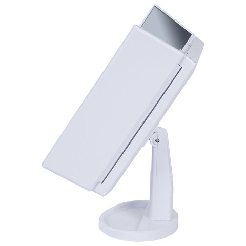 Зеркало настольное с LED-подсветкой для макияжа, размер 24×18 см, складное, увеличение х2, х3, х10, белое, BRABIX