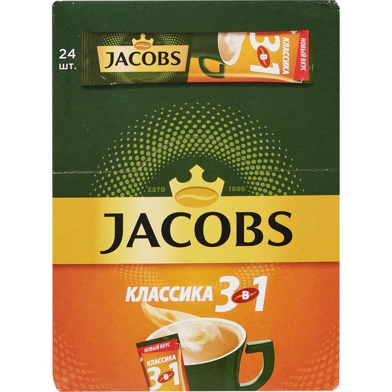 Кофе порционный растворимый Jacobs 3 в 1 Классика 24 пакетика по 12 г арт.  101844 - купить в Москве оптом и в розницу в интернет-магазине Deloks