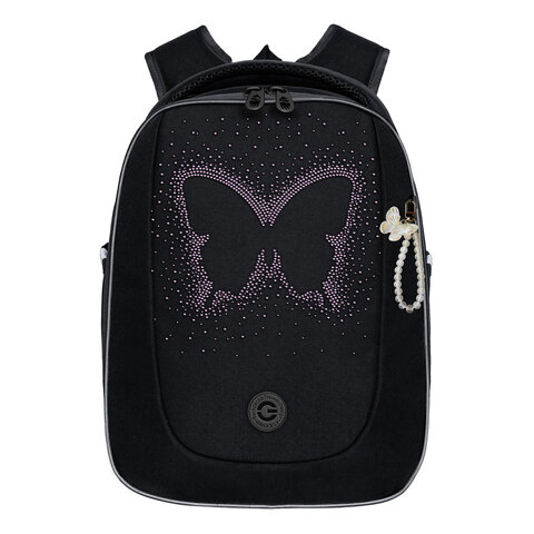Ранец GRIZZLY анатомическая спинка, с брелоком, для девочек, BUTTERFLY, 36×29х18 см, 