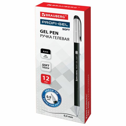 Ручка гелевая BRAUBERG «Profi-Gel SOFT», ЧЕРНАЯ, линия письма 0.4 мм, стандартный наконечник 0.5 мм, прорезиненный корпус SOFT-TOUCH