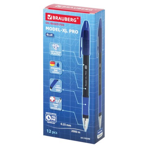 Ручка шариковая масляная с грипом BRAUBERG «Model-XL PRO», СИНЯЯ, узел 0.5 мм, линия письма 0.25 мм, 143249