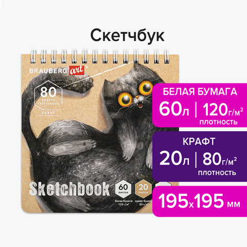 Скетчбук, белая бумага 120 г/м2 + крафт 80 г/м2 195×195 мм, 60 + 20 л., гребень, BRAUBERG ART DEBUT