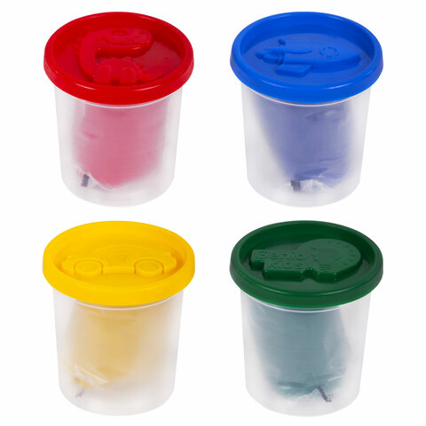Пластилин-тесто для лепки BRAUBERG KIDS, 4 цвета, 560 г, яркие классические цвета, крышки-штампики