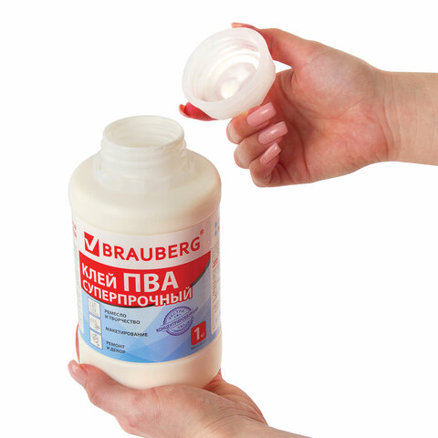 Клей ПВА BRAUBERG, 1 кг, суперпрочный (керамика, ткань, кожа, дерево, бумага, картон)
