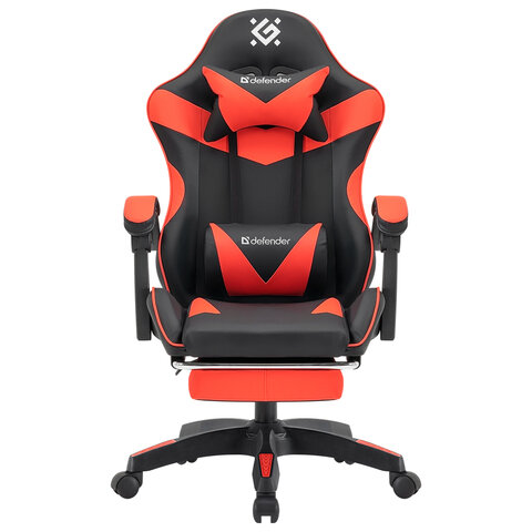 Кресло компьютерное DEFENDER Tornado, 2 подушки, подставка для ног, экокожа, черное/красное, ш/к 26722
