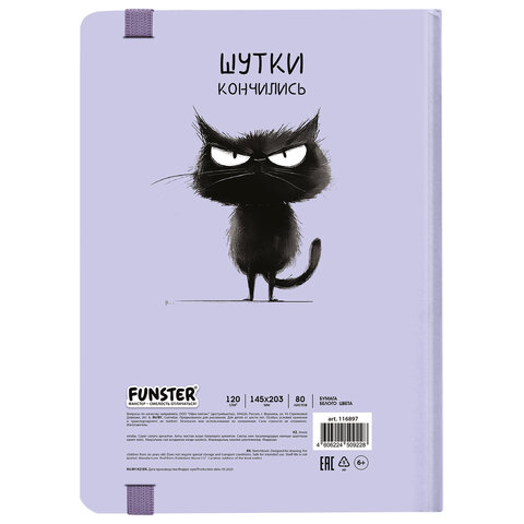 Скетчбук, белая бумага 120 г/м2, 145×203 мм, 80 л., резинка, твердый, FUNSTER, «Кот Тыгыдык»