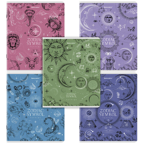 Тетрадь А5, 48 л., BRAUBERG, скоба, клетка, матовая ламинация, фольга, «Zodiac Symbol»