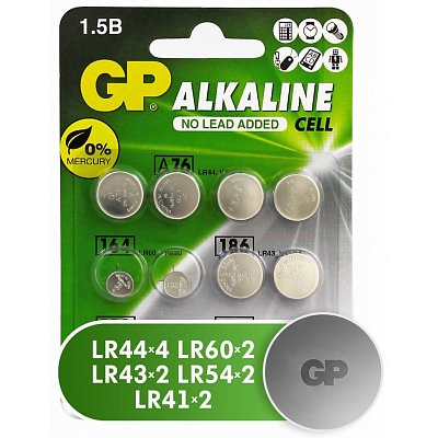 Батарейки GP (Джи-Пи) Alkaline, комплект 12 шт. (LR44 - 4 шт. ; LR60, LR43, LR54, LR41 по 2 шт. ), блистер, 1.5 В
