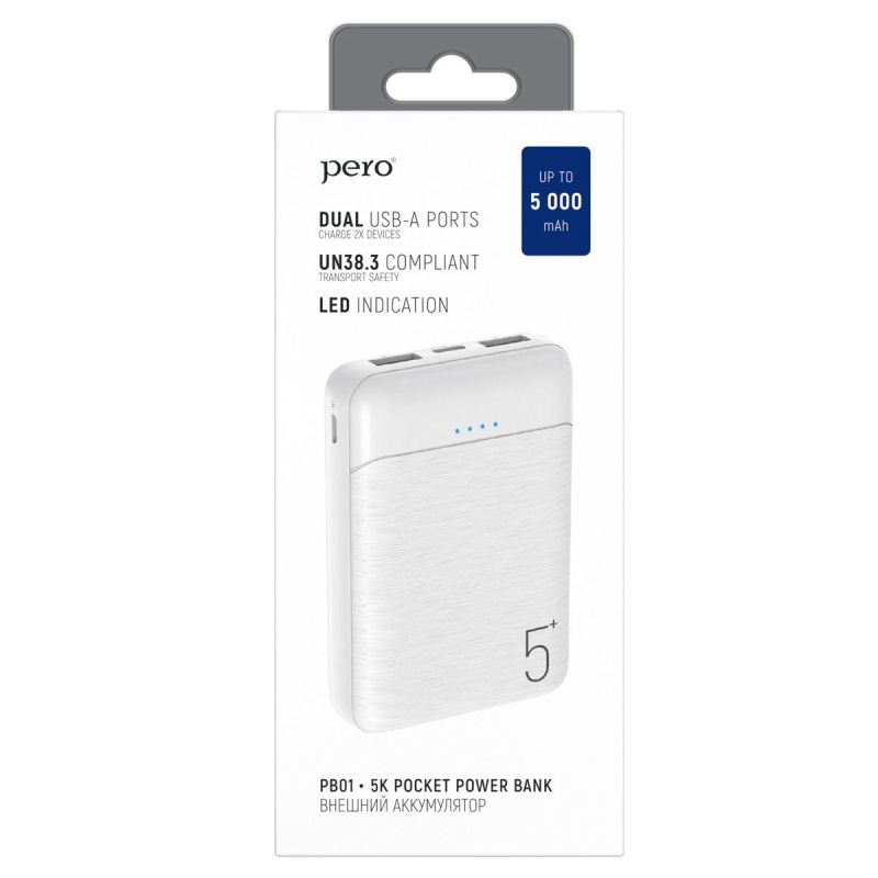Внешний аккумулятор PERO PB01 5000 mAh, Li-Pol, output 2xUSB-A 2.1A, белый