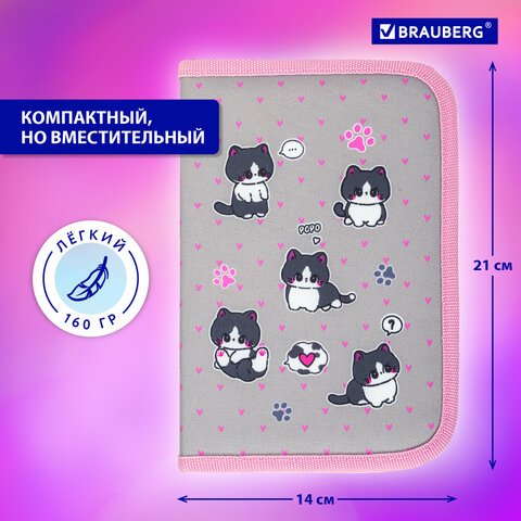 Пенал BRAUBERG, 1 отделение, полиэстер, 21×14 см, «Cat patches»