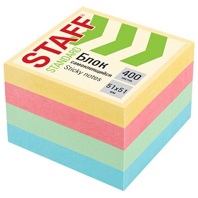 Блок самоклеящийся (стикеры) STAFF STANDARD, ПАСТЕЛЬНЫЙ 51×51 мм, 4 цвета, 400 листов