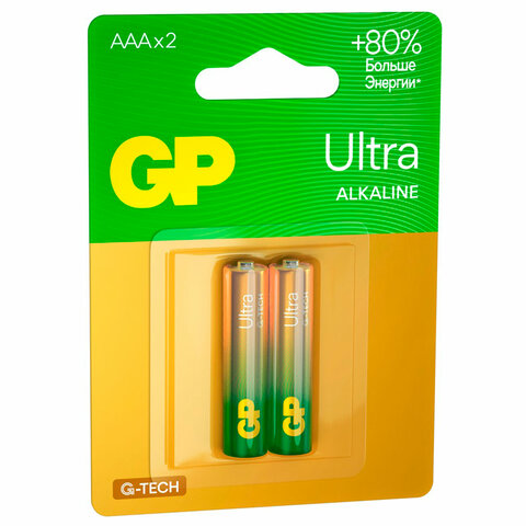 Батарейки КОМПЛЕКТ 2 шт., GP Ultra G-Tech, AAA (LR03, 24А), алкалиновые, мизинчиковые