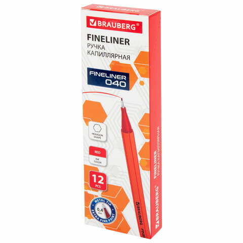 Ручка капиллярная (линер) КРАСНАЯBRAUBERG «FINE 040»шестиграннаялиния письма 0.4 мм144142