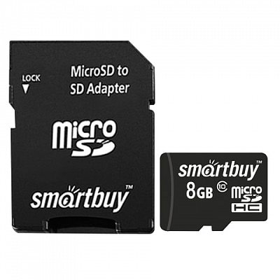 Карта памяти micro SDHC, 8 GB, SMARTBUY, 10 Мб/сек. (class 10), с адаптером