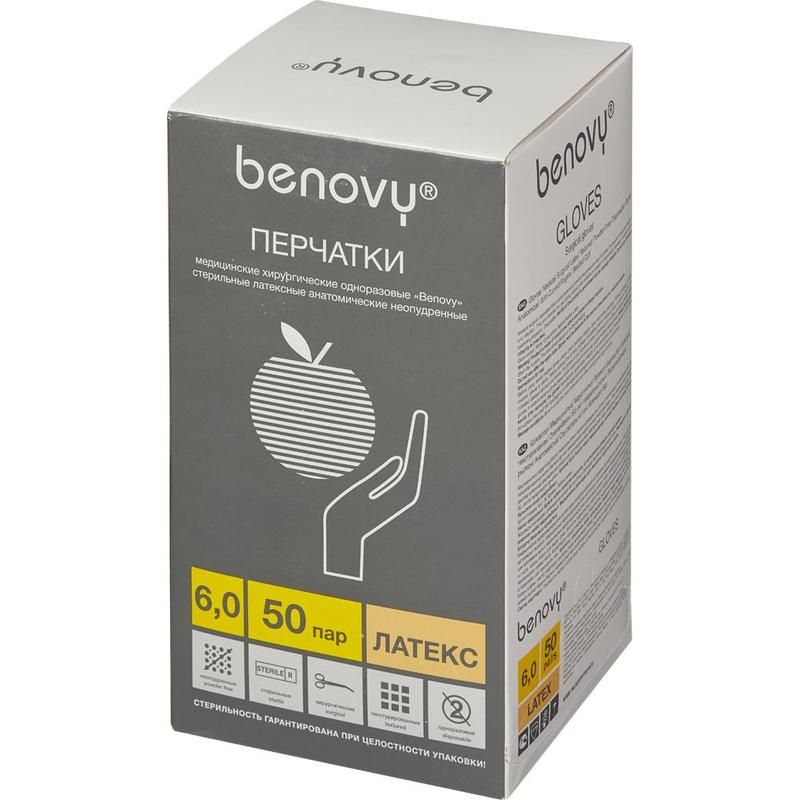 превью Перчатки медицинские хирургические латексные Benovy стерильные неопудренные размер 6 (100 штук в упаковке)